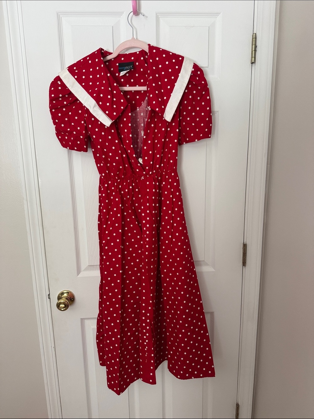 Red Polka Dot Midi Dress with White Sailor Collar